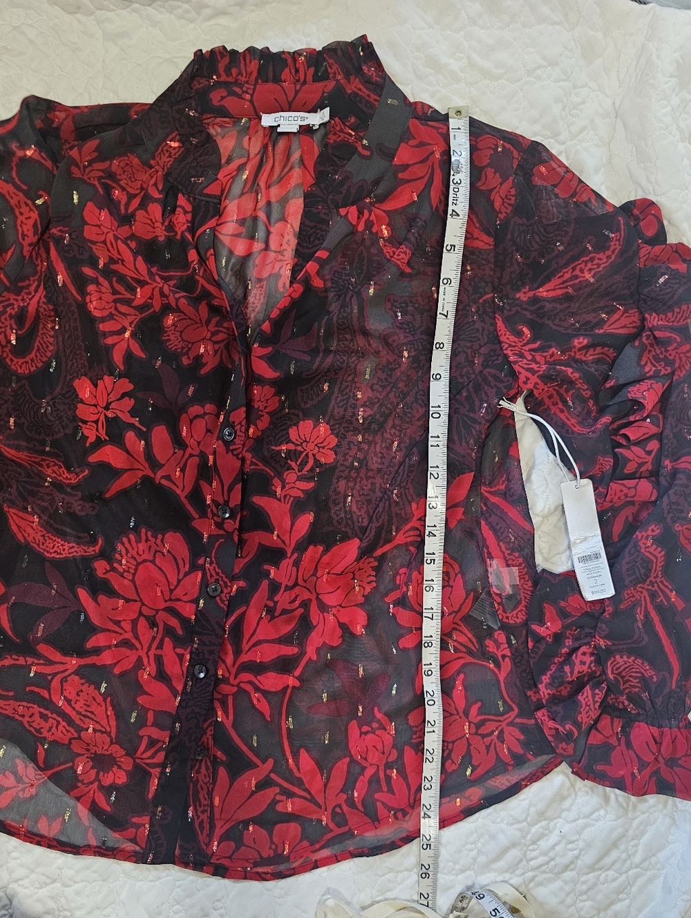 Chicos Sheer Red Black Floral Ruffled Blouse NWT 2 - Picture 12 of 16
